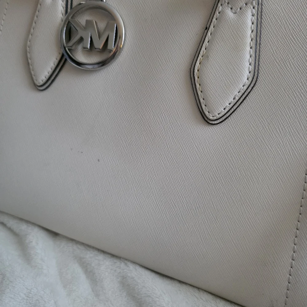 Michael Kors Ayden Leather Satchel Optic White Black Trim Crossbody Strap Silver